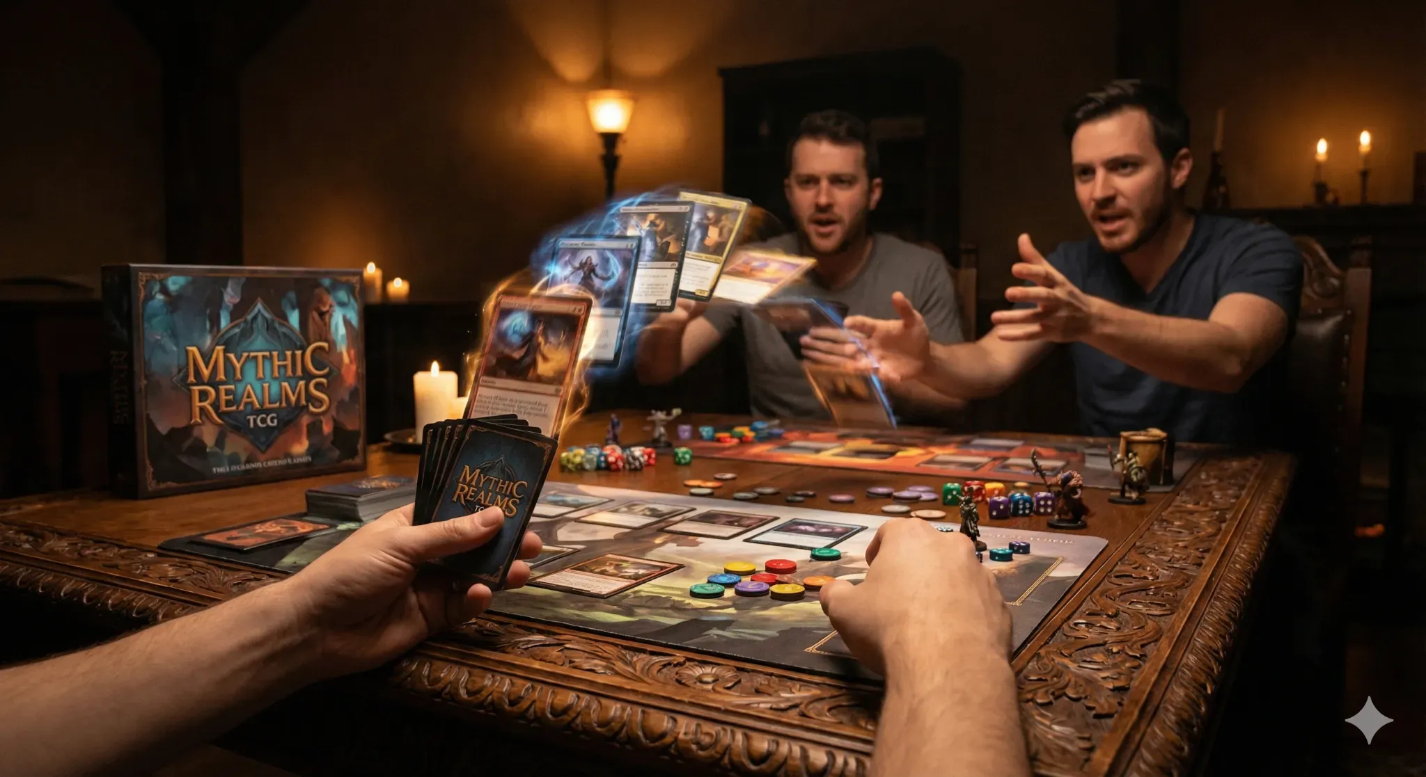 Trading card game concept artwork showing a tabletop match and cards brought to life