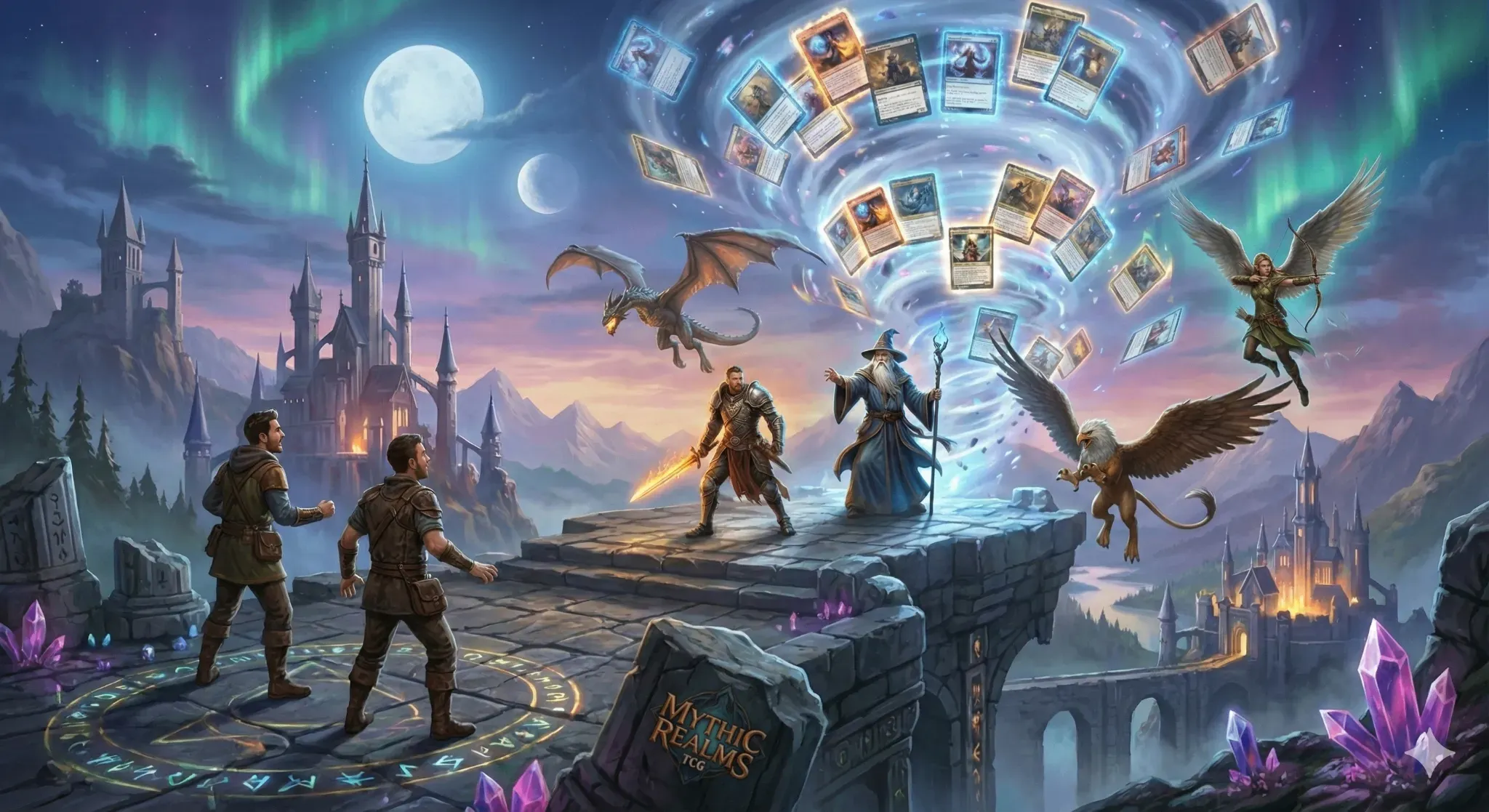 Fantasy trading card game development artwork featuring floating cards, a castle, and characters in an imaginative world